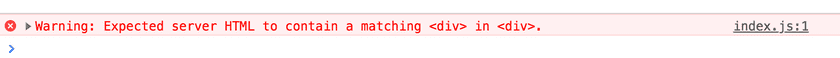 Capture d’écran d’un avertissement en console, qui indique juste la nature de la discordance de réhydratation : « Avertissement : le HTML renvoyé par le serveur aurait dû contenir un div correspondant dans le div. »
