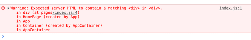 Capture d’écran d’un avertissement en console, qui indique la nature de la discordance de réhydratation, mais avec la trace de pile de composants en plus : « Avertissement : le HTML renvoyé par le serveur aurait dû contenir un div correspondant dans le div (dans pages/index.js:4)... »